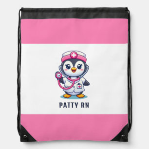 Cute Penguin Nurse Pink Stethoscope Custom Drawstring Bag