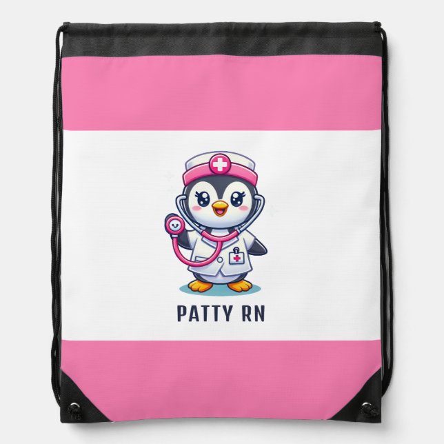 Cute Penguin Nurse Pink Stethoscope Custom Drawstring Bag (Front)
