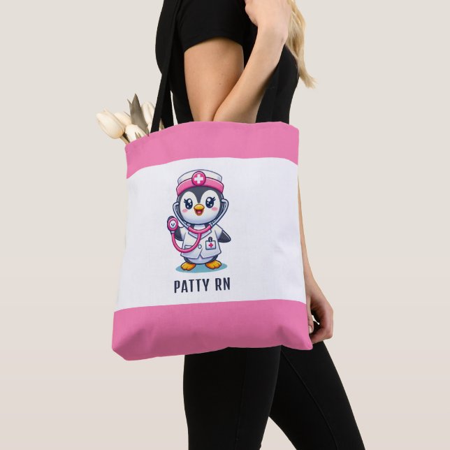 Cute Penguin Nurse Pink Stethoscope Custom Tote Bag (Close Up)