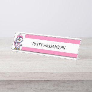 Cute Penguin Nurse Pink Stethoscope Stripe Desk Name Plate
