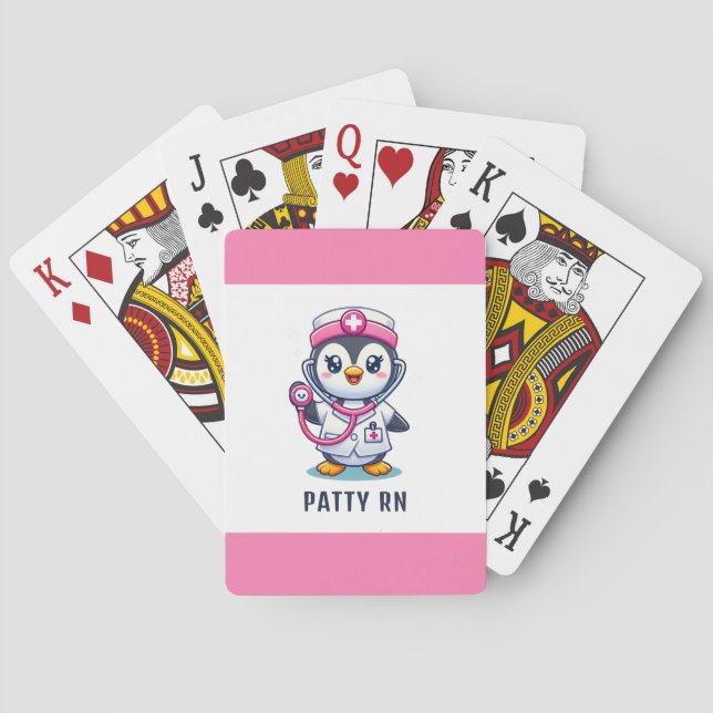 Cute Penguin Nurse Pink Stethoscope Stripe Poker Cards (Back)