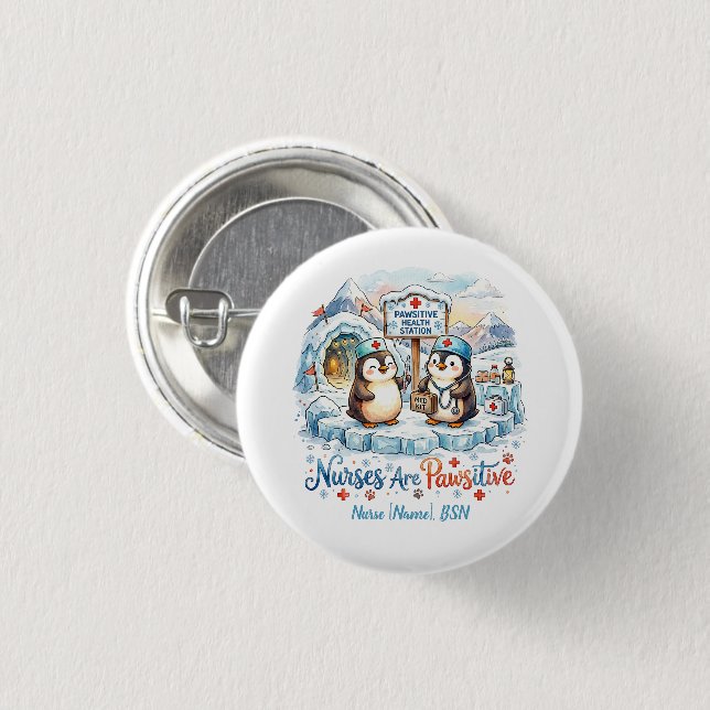Cute Penguin Nurse Watercolor Personalized Name Button (Front & Back)