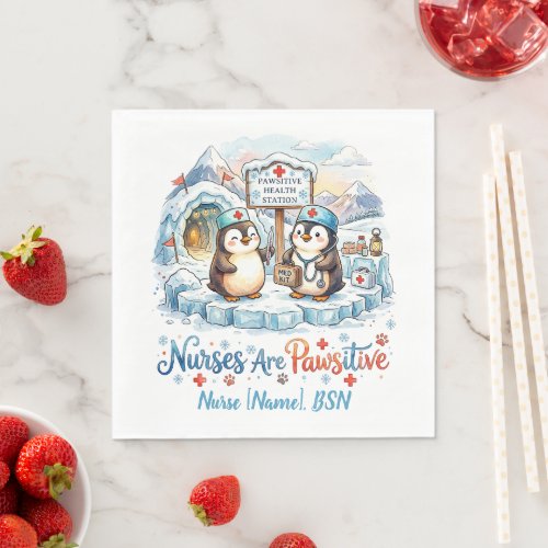 Cute Penguin Nurse Watercolor Personalized Name Napkins