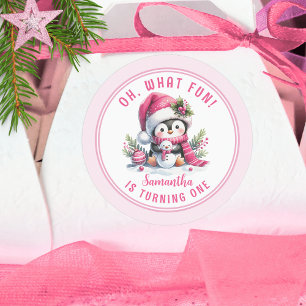 Cute Penguin Oh What Fun Winter Girl 1st Birthday Classic Round Sticker