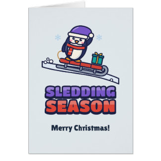 Cute Penguin on a Red Sled Kids Christmas Cards