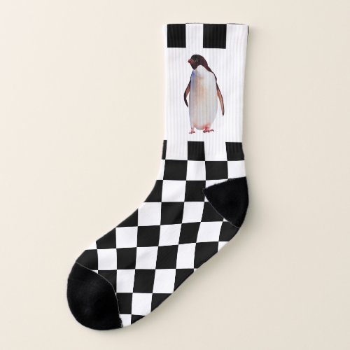 Cute Penguin on Black and White Chess Socks