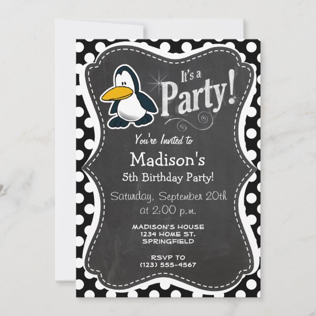 Cute penguin on Black and White Polka Dots Invitation (Front)