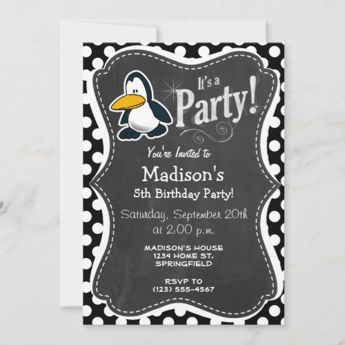 Cute penguin on Black and White Polka Dots Invitation