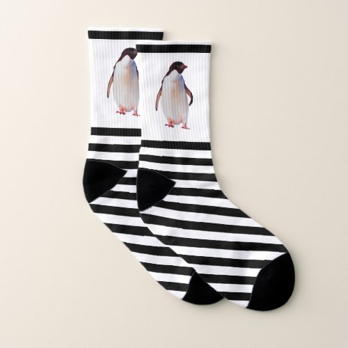 Cute Penguin on Black and White Striped Socks