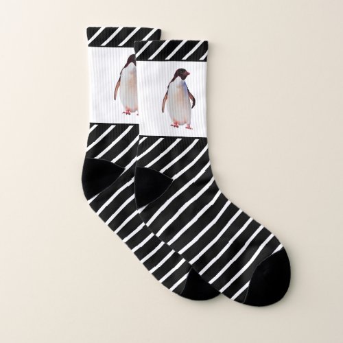 Cute Penguin on Black and White Striped Socks
