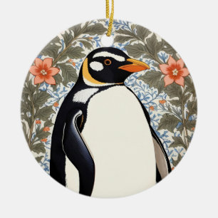 Cute Penguin On Colorful Elegant Floral Background Ceramic Ornament