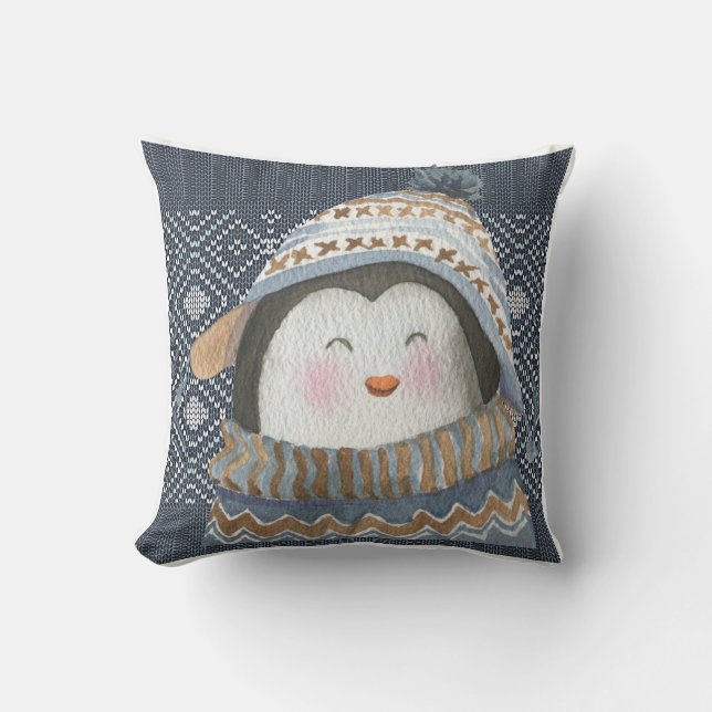 Cute Penguin on Cozy Winter Knit Pattern  Throw Pillow (Front)