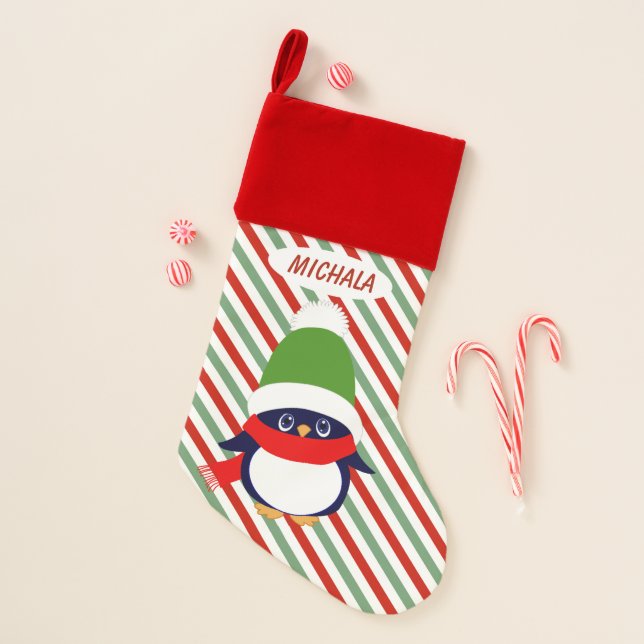 Cute Penguin on Holiday Stripes Christmas Stocking (Front)