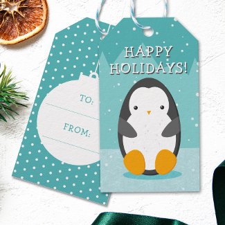 Cute Penguin on Ice Blue Winter Cartoon Christmas
