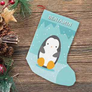 Cute Penguin on Ice Blue Winter Cartoon Name Small Christmas Stocking
