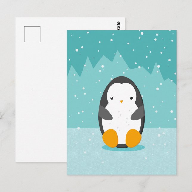 Cute Penguin on ice Blue Winter Cartoon Postcard (Front/Back)