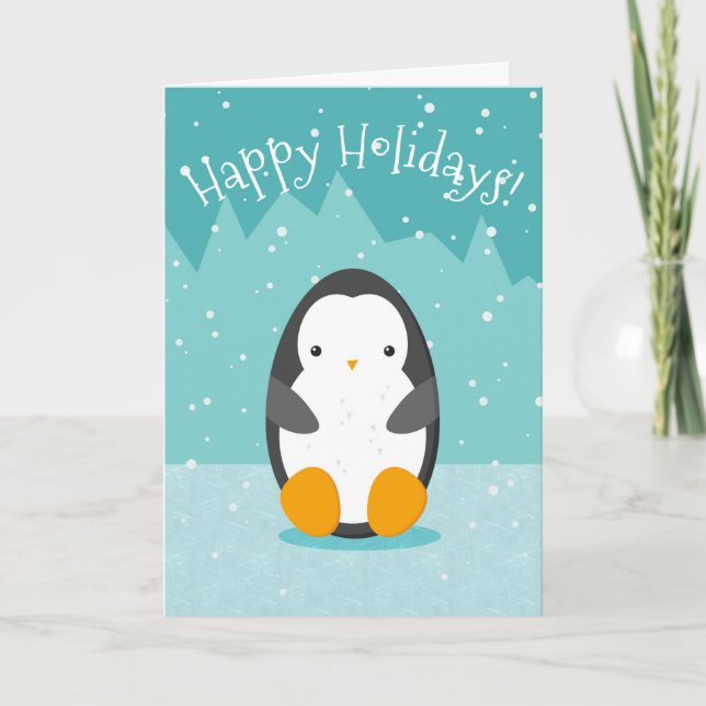 Cute Penguin on ice Blue Winter Christmas Holiday Card (Front)