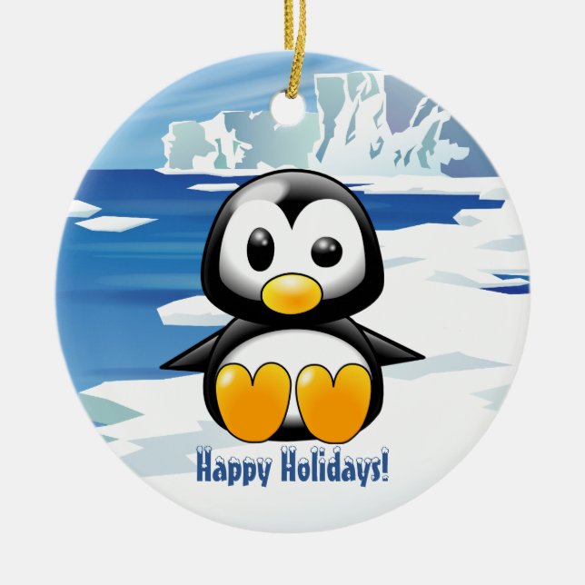 Cute Penguin on Ice Ceramic Ornament (Front)