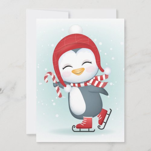 Cute penguin on ice skates holiday card