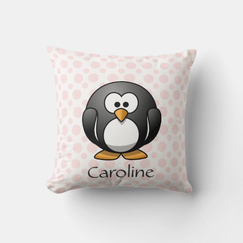 Cute Penguin on Pink Polka Dots Add Name Throw Pillow