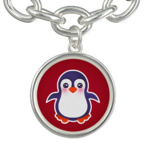 Cute Penguin On Red Background Illustration Charm Bracelet
