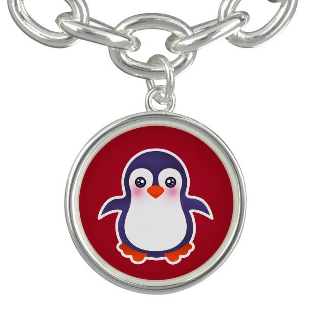 Cute Penguin On Red Background Illustration Charm Bracelet (Design)