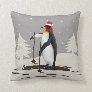 Cute Penguin On Ski Throw Pillow