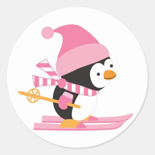 Cute Penguin on Snow Skis Classic Round Sticker