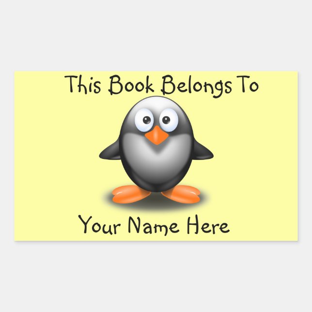 Cute Penguin on Yellow Book Name Plate Rectangular Sticker (Front)