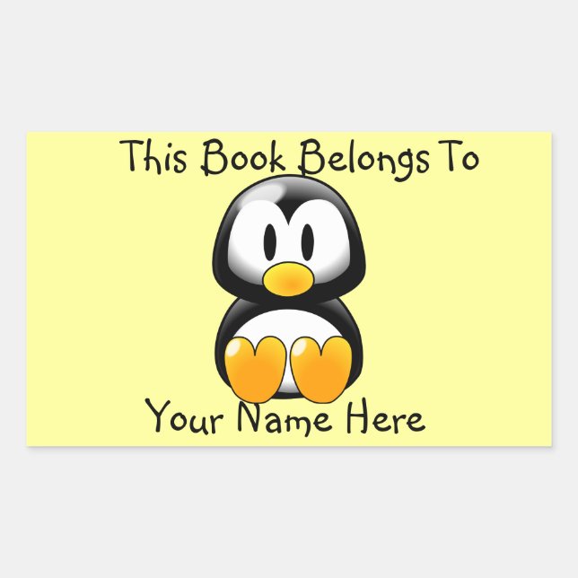 Cute Penguin on Yellow Book Name Plate Rectangular Sticker (Front)