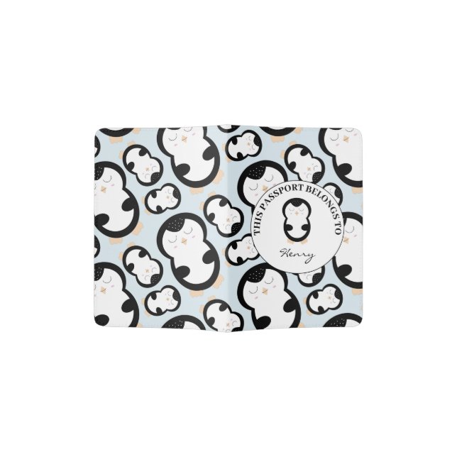 Cute Penguin Pattern (Blue) Passport Holder (Opened)