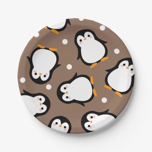 Cute penguin pattern brown pattern paper plates