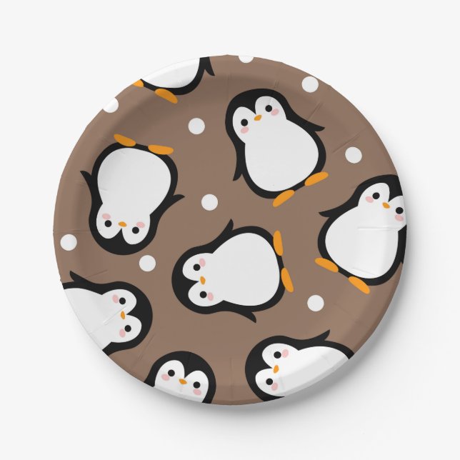 Cute penguin pattern brown pattern paper plates (Front)