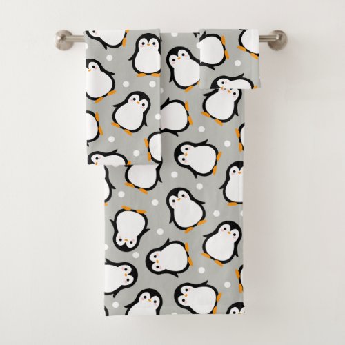 Cute penguin pattern grey pattern bath towel set