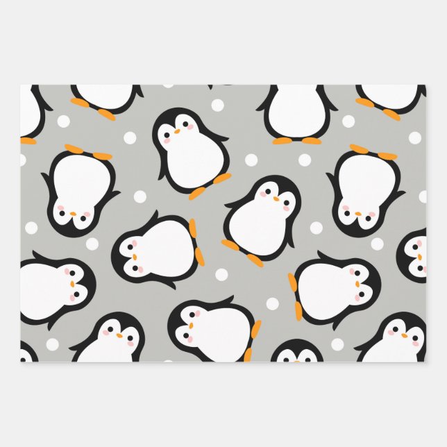 Cute penguin pattern grey pattern wrapping paper sheets (Front)