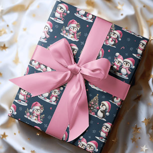 Cute Penguin Pattern Navy Blue and Pink Christmas Wrapping Paper