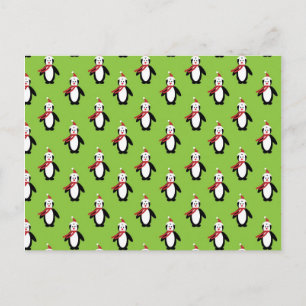 Cute Penguin Pattern on Green Background Postcard
