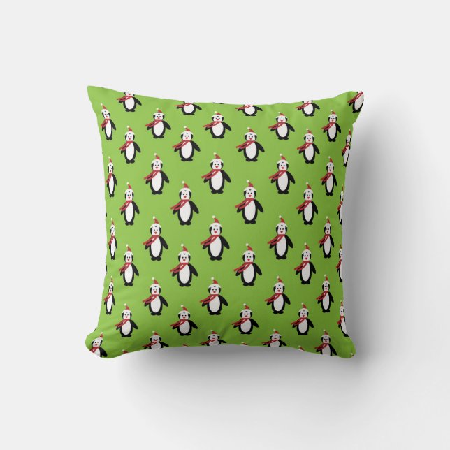 Cute Penguin Pattern on Green Background Throw Pillow (Front)
