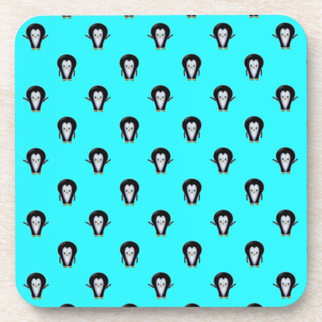 Cute Penguin Pattern over Minty Teal Blue Beverage Coaster (Front)