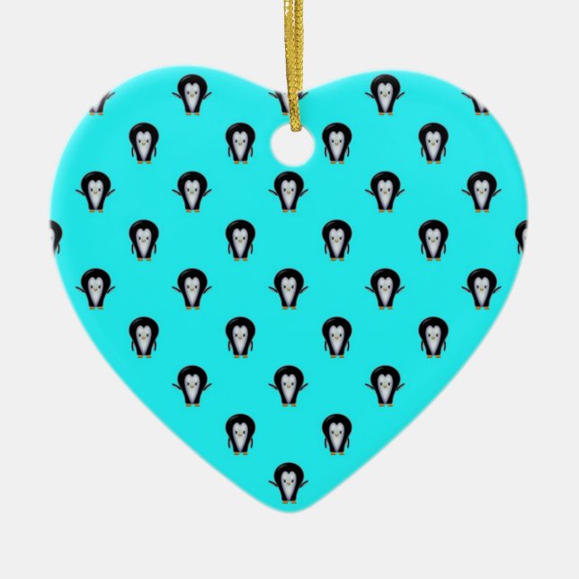 Cute Penguin Pattern over Minty Teal Blue Ceramic Ornament (Front)