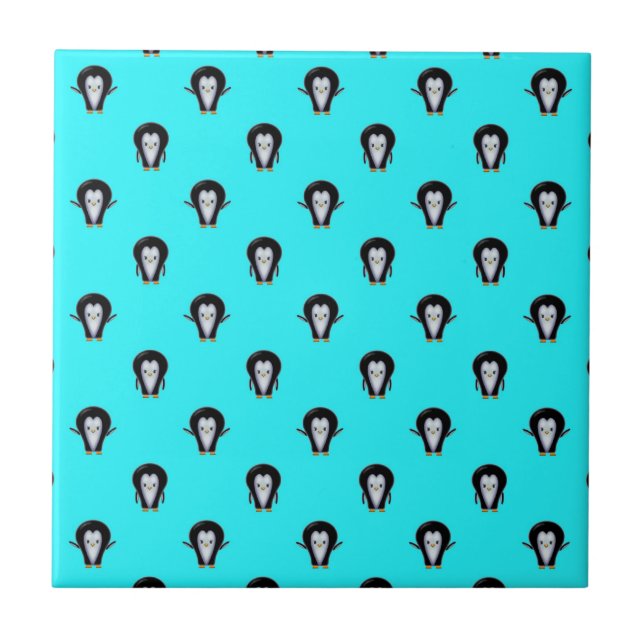 Cute Penguin Pattern over Minty Teal Blue Tile (Front)