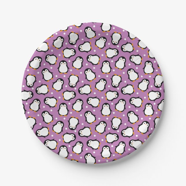 Cute penguin pattern Purple pattern Paper Plates (Front)