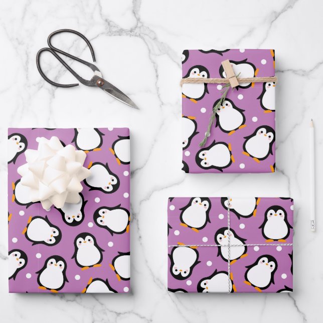 Cute penguin pattern Purple pattern Wrapping Paper Sheets (Front)