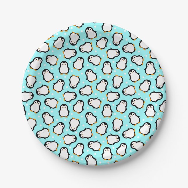 Cute penguin pattern turquoise pattern paper plates (Front)