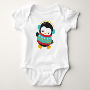 Cute Penguin, Penguin With Sweater, Ear Muffs Baby Bodysuit
