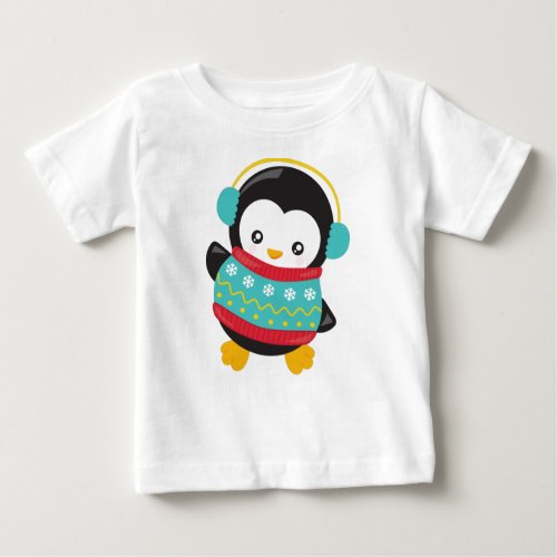 Cute Penguin Penguin With Sweater Ear Muffs Baby T_Shirt