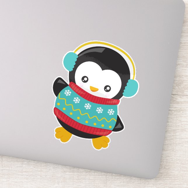 Cute Penguin, Penguin With Sweater, Ear Muffs Sticker (Detail)