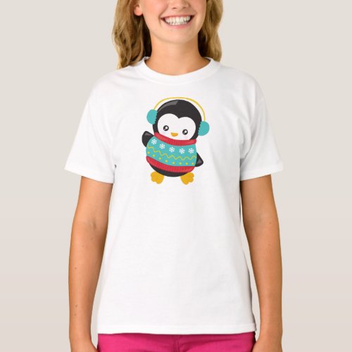 Cute Penguin Penguin With Sweater Ear Muffs T_Shirt