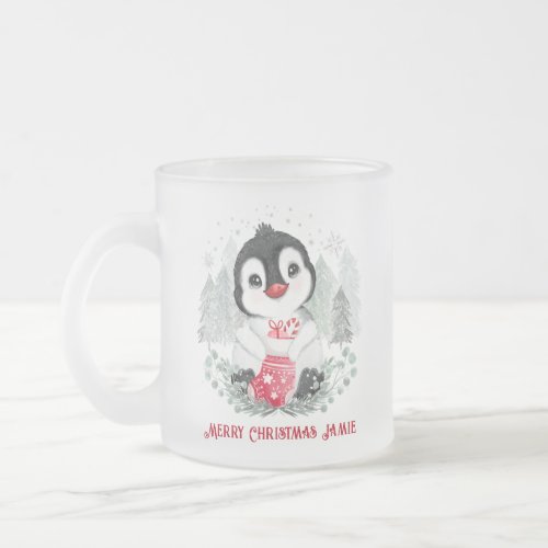 Cute Penguin Personalized Christmas Frosted Glass Coffee Mug