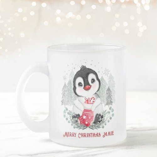 Cute Penguin Personalized Christmas Frosted Glass Coffee Mug